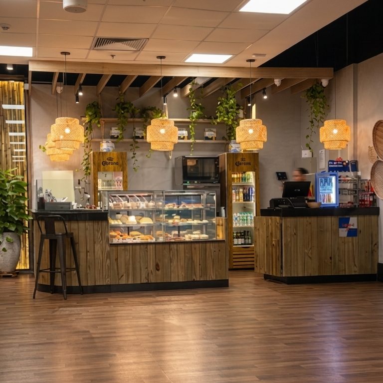 Balcão do Lounge Corona no Aeroporto de Cuiabá, com luminárias de bambu