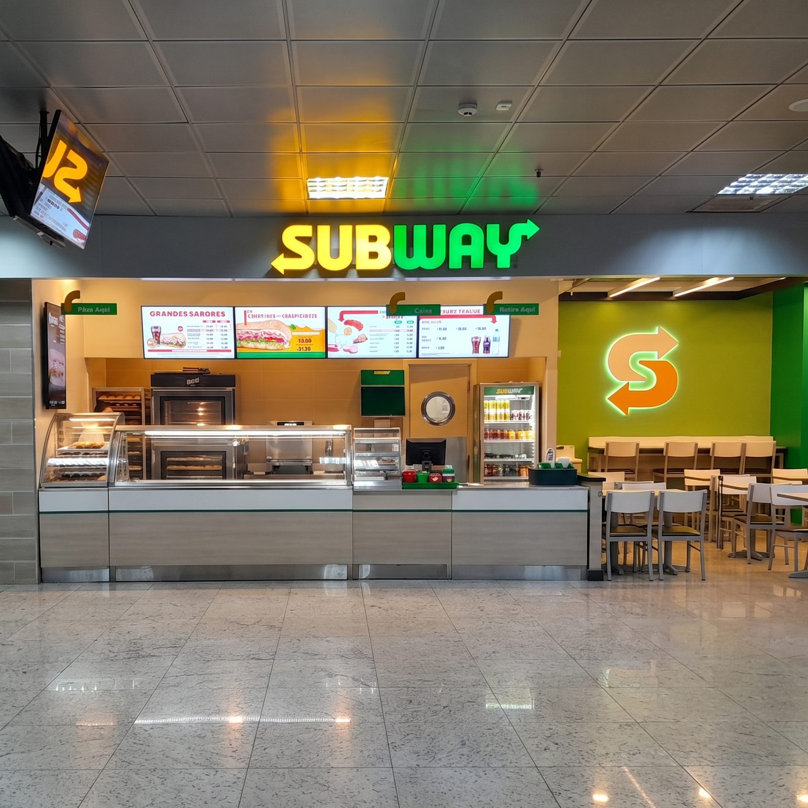 Detalhe do logotipo iluminado Subway em parede verde
